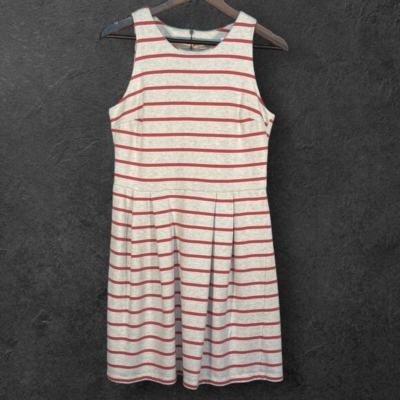 Loft A Line Dress‎ Women Size 8 Beige Striped Pleated 100% Cotton Sleeveless - Picture 1 of 14
